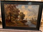 Antiek groot olieverf landschap schilderij, Antiek en Kunst, Ophalen of Verzenden