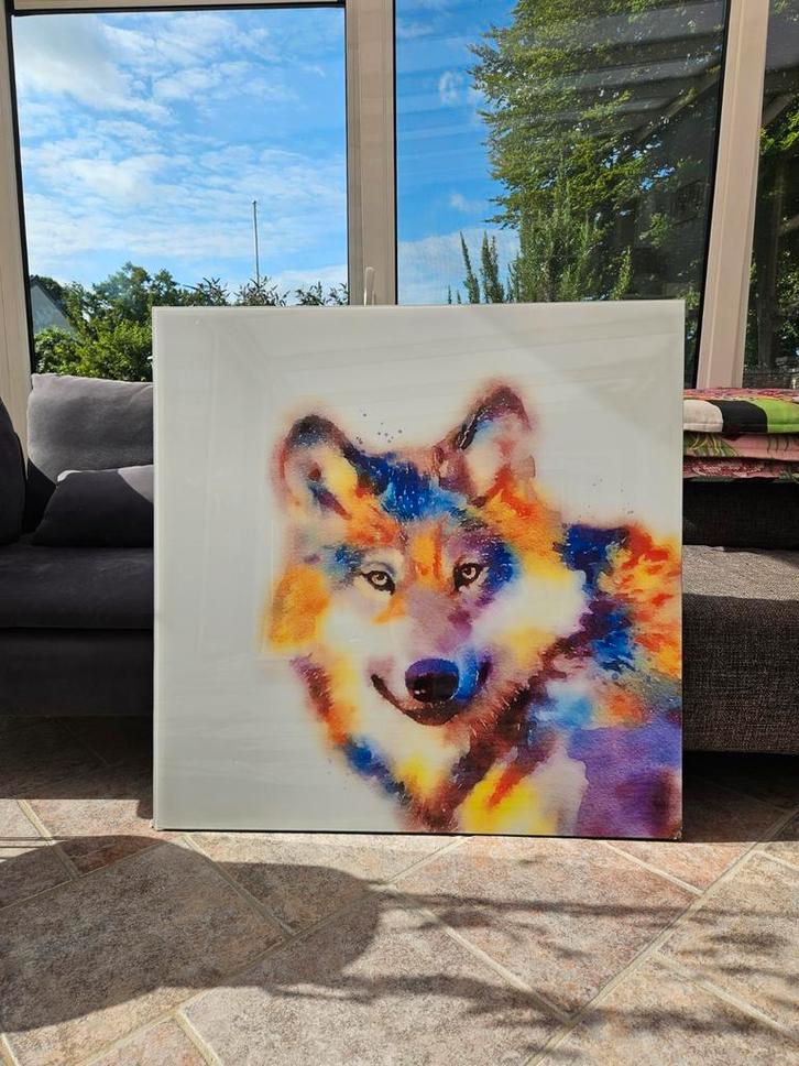 Gave kleurrijke wolf - GLAS 90x90 cm., Antiek en Kunst, Kunst | Schilderijen | Abstract, Ophalen