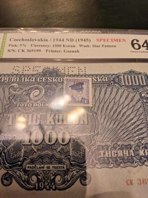 1000 korun chechoslowakije 1944 PMG 64 specimen, Postzegels en Munten, Bankbiljetten | Europa | Niet-Eurobiljetten, Ophalen of Verzenden