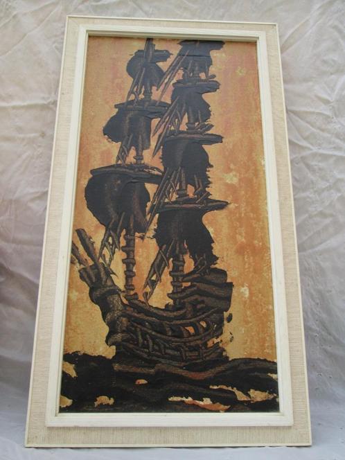 Retro Olieverf op Doek Tweemaster Niet Gesigneerd 67 x 37 cm, Antiek en Kunst, Kunst | Schilderijen | Klassiek, Ophalen of Verzenden