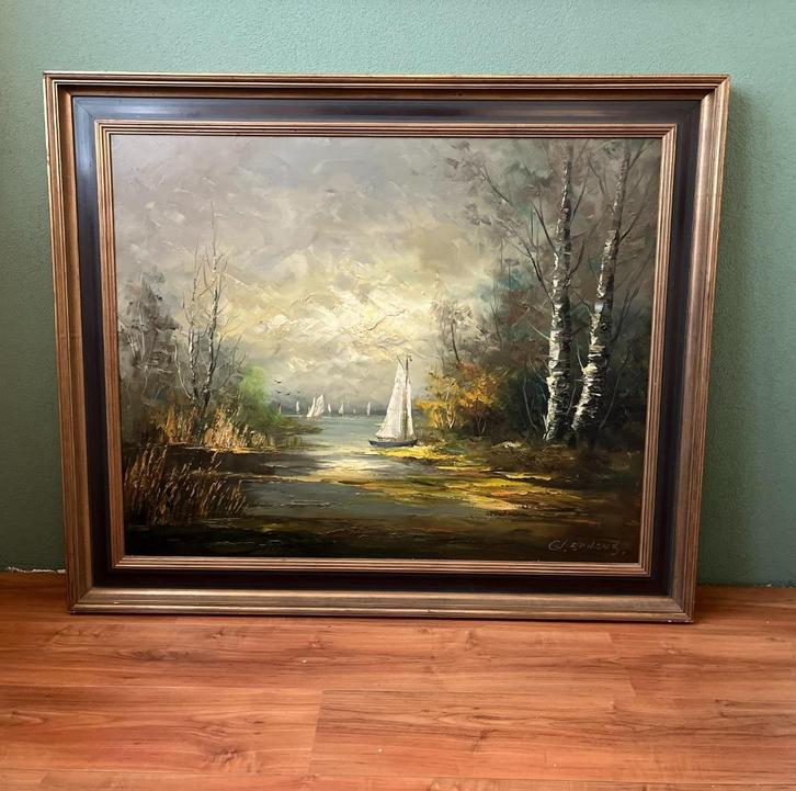 Mooi groot schilderij Zeilboten op het water. G.J. Ernens., Antiek en Kunst, Kunst | Schilderijen | Klassiek, Ophalen