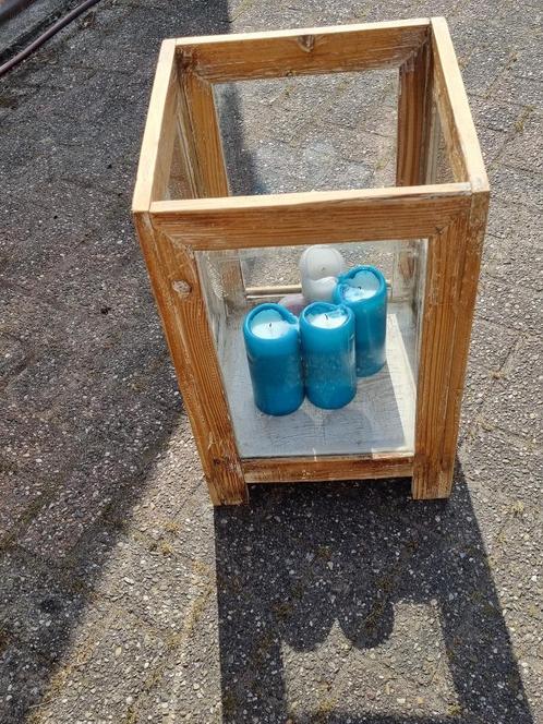 Beschrijving Windlichten, Huis en Inrichting, Woonaccessoires | Kandelaars en Kaarsen, Gebruikt, Minder dan 25 cm, Hout, Ophalen