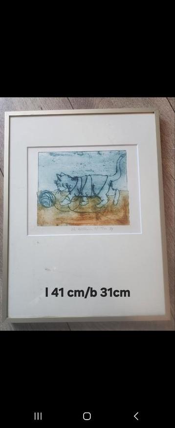 Ets van kat met bal, ingelijst beschikbaar voor biedingen