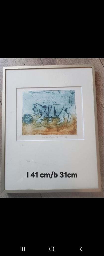 Ets van kat met bal, ingelijst, Antiek en Kunst, Kunst | Etsen en Gravures, Ophalen