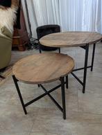 2 houten tafeltjes met ijzeren onderstel, Ophalen, Rond, Hout, Minder dan 55 cm