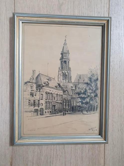 tekening april 1946 Arnhem markt Eusebius kerk Jan Frederiks, Antiek en Kunst, Kunst | Tekeningen en Foto's, Ophalen