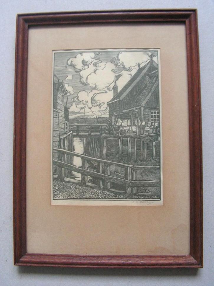 Jaap Veldheer (1866-1954 - Marken - houtsnede, Antiek en Kunst, Kunst | Schilderijen | Klassiek, Ophalen of Verzenden