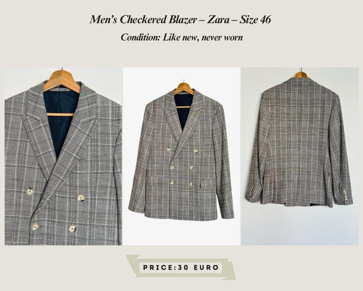 Men’s Checkered Blazer – Zara – Size 46 – Like New, Kleding | Heren, Kostuums en Colberts, Zo goed als nieuw, Maat 46 (S) of kleiner