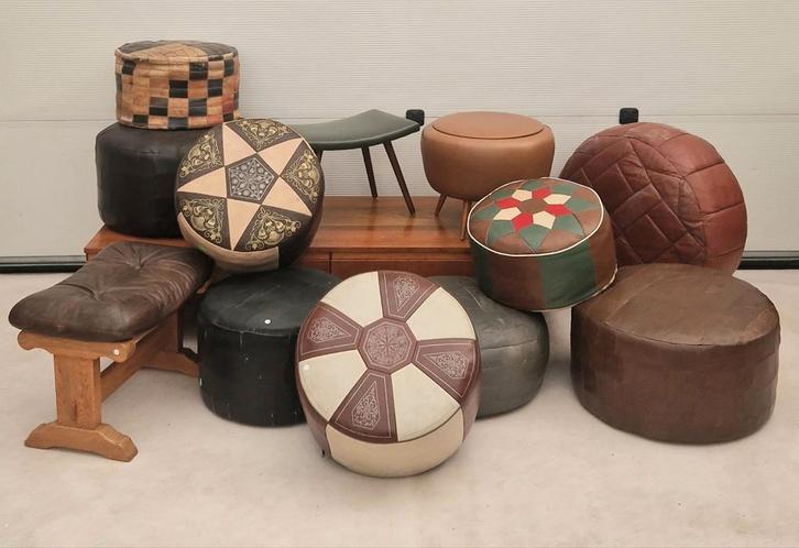 Vintage leren/skaileren poefen in diverse maten en kleuren., Huis en Inrichting, Banken | Voetenbanken en Poefen, Gebruikt, Minder dan 50 cm