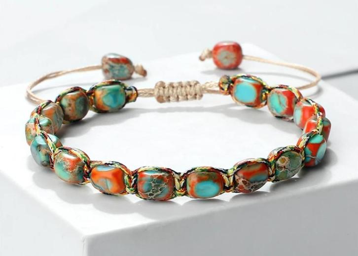 Bohemian armband in Turquoise / Oranje kleur, Sieraden, Tassen en Uiterlijk, Armbanden, Nieuw, Overige materialen, Oranje, Met bedels of kralen