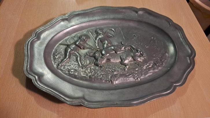 Antiek Tinnen Wandbord - Jachttafereel, Antiek en Kunst, Antiek | Tin, Ophalen