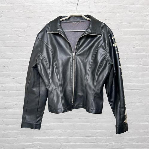 Merkloos Blazer Maat L Zwart Tekst PU Leer Biker, Kleding | Dames, Jassen | Zomer, Zo goed als nieuw, Maat 42/44 (L), Zwart, Verzenden