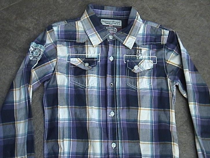AKMO paars / wit / blauw / geel geruit / geblokt hemd jongen, Kinderen en Baby's, Kinderkleding | Maat 164, Gebruikt, Jongen, Overhemd of Blouse