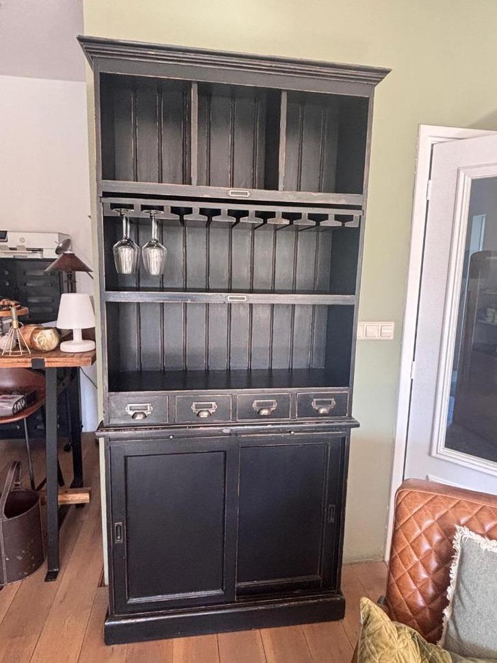 UNIEKE ZWARTE BUFFETKAST met glazenrek, Huis en Inrichting, Kasten | Buffetkasten, Gebruikt, 200 cm of meer, 50 tot 100 cm, 25 tot 50 cm