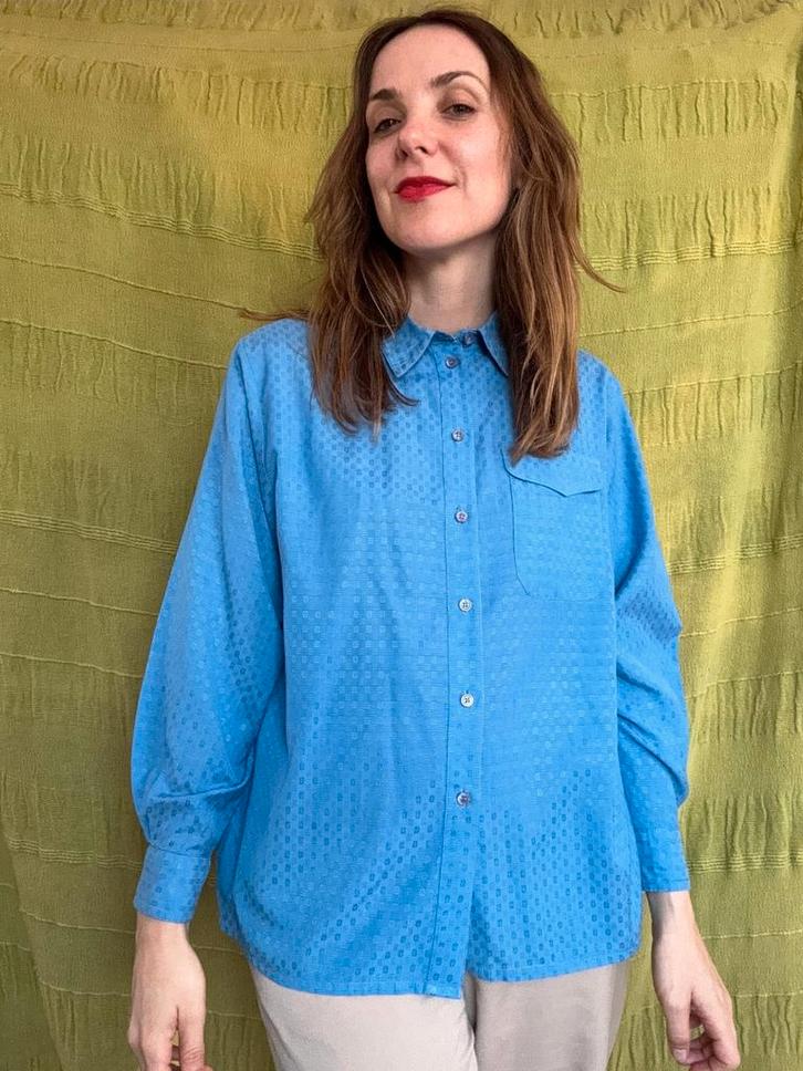 Vintage blouse, maat 38/40 - M/L - blauw - patroon - 90's, Kleding | Dames, Blouses en Tunieken, Gedragen, Maat 38/40 (M), Blauw