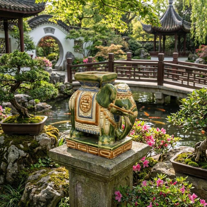 Keramiek olifant planthouder in groen, wit en blauw glazuur, Tuin en Terras, Tuinbeelden, Zo goed als nieuw, Overige materialen