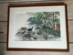 Groene aquarel. Bos en watergebied met vogel. Gesigneerd., Antiek en Kunst, Ophalen