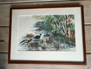 Groene aquarel. Bos en watergebied met vogel. Gesigneerd. beschikbaar voor biedingen