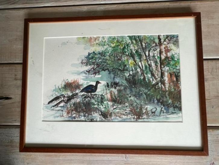 Groene aquarel. Bos en watergebied met vogel. Gesigneerd., Antiek en Kunst, Kunst | Tekeningen en Foto's, Ophalen