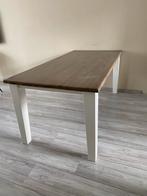 Eettafel met Wit Onderstel en donkergrijs houten blad, Ophalen, 100 tot 150 cm, 50 tot 100 cm, Zo goed als nieuw