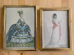 2x kleine Antieke Vintage Brocante modeprent in gouden lijst, Ophalen of Verzenden
