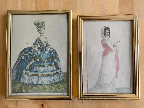 2x kleine Antieke Vintage Brocante modeprent in gouden lijst, Antiek en Kunst, Curiosa en Brocante, Ophalen of Verzenden
