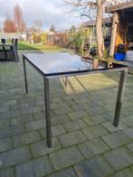 Moderne tafel met RVS onderstel, Gebruikt, Glas, 150 tot 200 cm, Rechthoekig