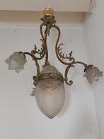 Antiek messing kroonluchter, 3 armen, 4 lichtbronnen, Ophalen, Gebruikt