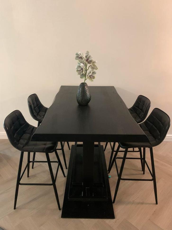 Zwarte houten fineer bartafel (evt. met 6 barkrukken), Huis en Inrichting, Tafels | Eettafels, Gebruikt, 50 tot 100 cm, 100 tot 150 cm