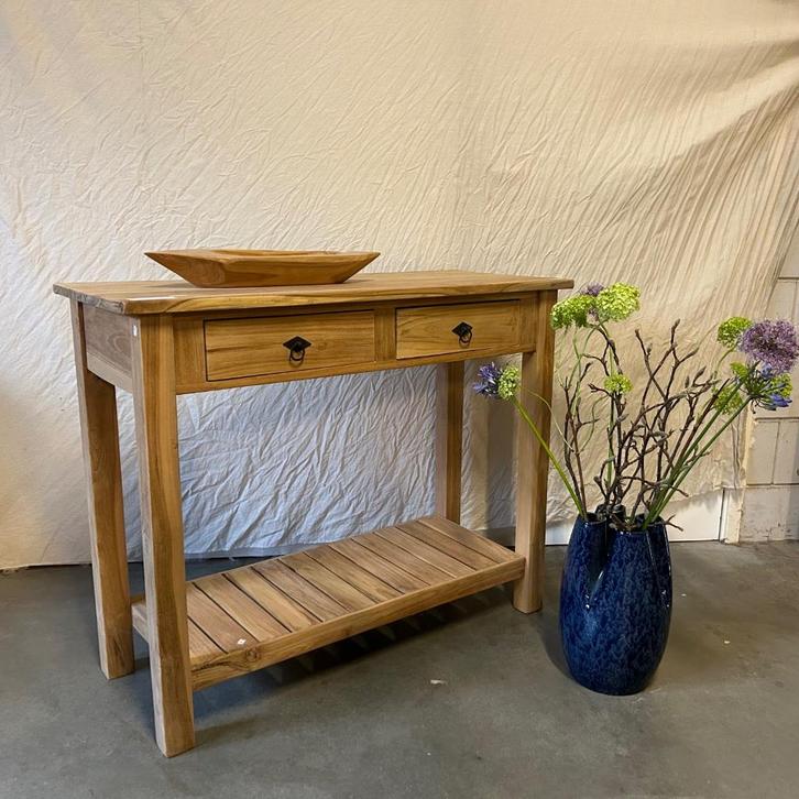 Sidetable - 2 lades - 100 x 40 cm - Teakhout - TTM Wonen, Huis en Inrichting, Tafels | Sidetables, Nieuw, 25 tot 50 cm, 100 tot 150 cm