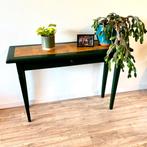 Donkergroene sidetable met handgemaakt houten blokkenblad, Ophalen, 100 tot 150 cm, Zo goed als nieuw, Overige houtsoorten