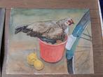 Aquarel Schilderij: Kip in Emmer, Antiek en Kunst, Kunst | Tekeningen en Foto's, Ophalen of Verzenden
