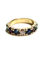 14k gouden ring met smaragd, saffier, robijn en diamant, -, -, Ophalen of Verzenden, Dame