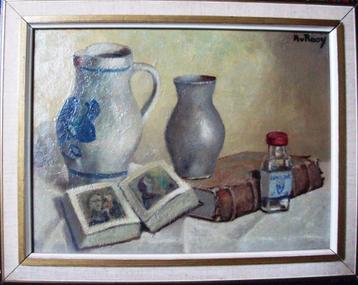 Kruiken en boeken ~ jaren '50 - A. v. Rooy - doek - gelijst beschikbaar voor biedingen