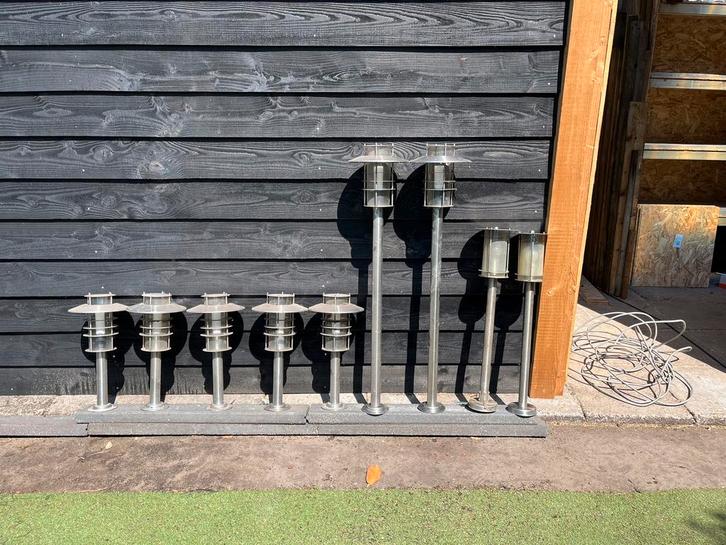 9 RVS lampen voor in de tuin, Tuin en Terras, Buitenverlichting, Gebruikt, Staande lamp, Rvs, 50 tot 250 watt, Netvoeding, Ophalen