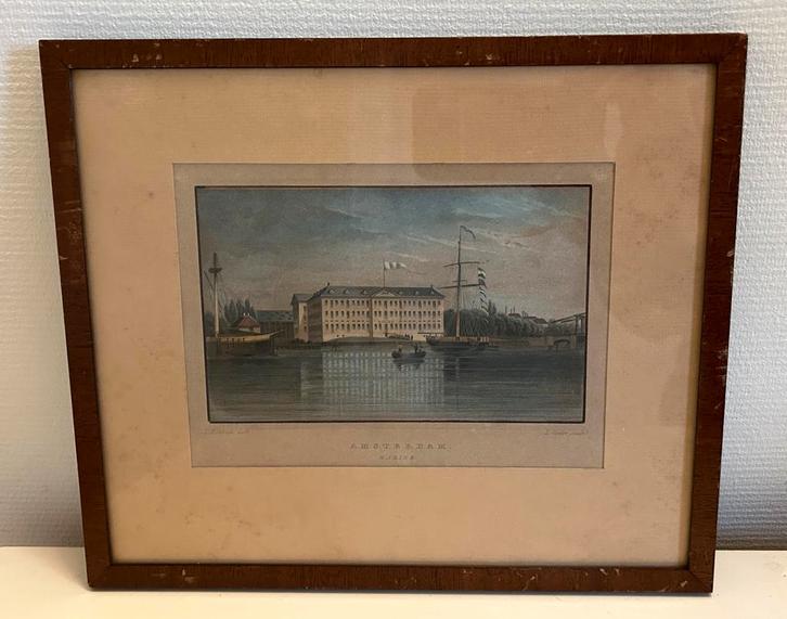 Staalgravure Scheepvaartmuseum Ansterdam ingelijst, Antiek en Kunst, Kunst | Etsen en Gravures, Ophalen