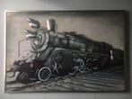 Groot 124x84cm 3-D metaal canvas schilderij Locomotief Trein, Ophalen