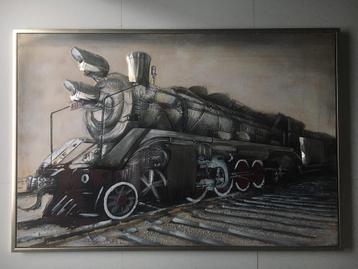 Groot 124x84cm 3-D metaal canvas schilderij Locomotief Trein beschikbaar voor biedingen