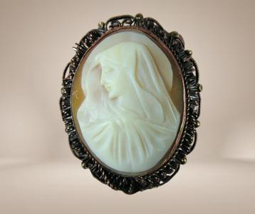 Prachtige 1920 ART DECO Madonna/Maria schelpcamee hanger/bro beschikbaar voor biedingen