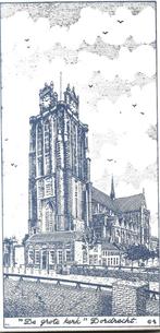 Tekening grote kerk Dordrecht, Antiek en Kunst, Kunst | Tekeningen en Foto's, Ophalen of Verzenden