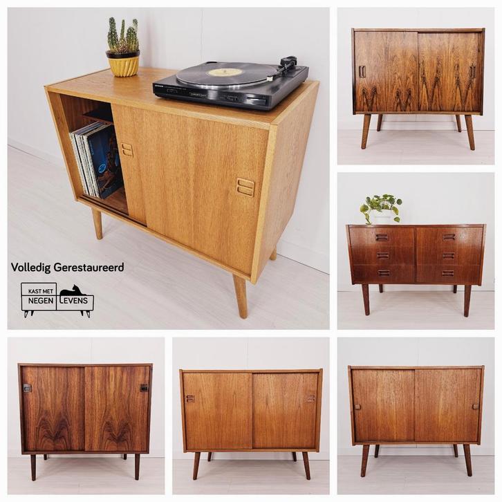 Vintage dressoirs, retro platenkasten, 1960's Deens design, Huis en Inrichting, Kasten | Dressoirs, Zo goed als nieuw, 50 tot 100 cm