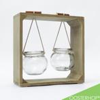 Houten Raam Decoratie met Hangende Glazen Potjes | 20x20x8cm, Gebruikt, Overige kleuren, Ophalen of Verzenden, Glas