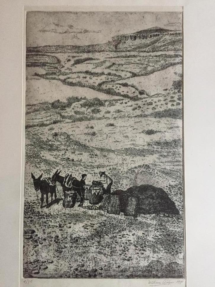 Willem Gispen ets Spaans landschap 1970 in lijst, Antiek en Kunst, Kunst | Etsen en Gravures, Ophalen of Verzenden