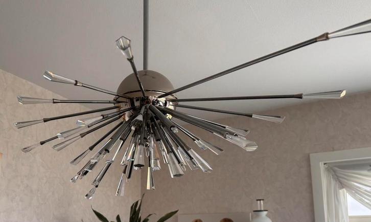 Luxe design plafondlamp / kroonluchter – chroom en glas, Huis en Inrichting, Lampen | Kroonluchters, Zo goed als nieuw, Glas, Metaal