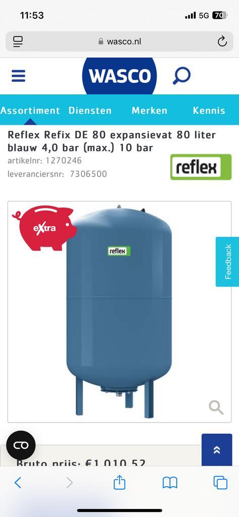 Reflex Refix DE 80 expansievat 80 liter, Doe-het-zelf en Verbouw, Geisers en Boilers, Nieuw, Boiler, 20 tot 100 liter, Minder dan 3 jaar oud