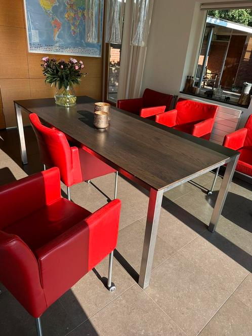 Noot houten roestvast stalen eettafel, Huis en Inrichting, Tafels | Eettafels, Gebruikt, 50 tot 100 cm, 200 cm of meer, Vijf personen of meer