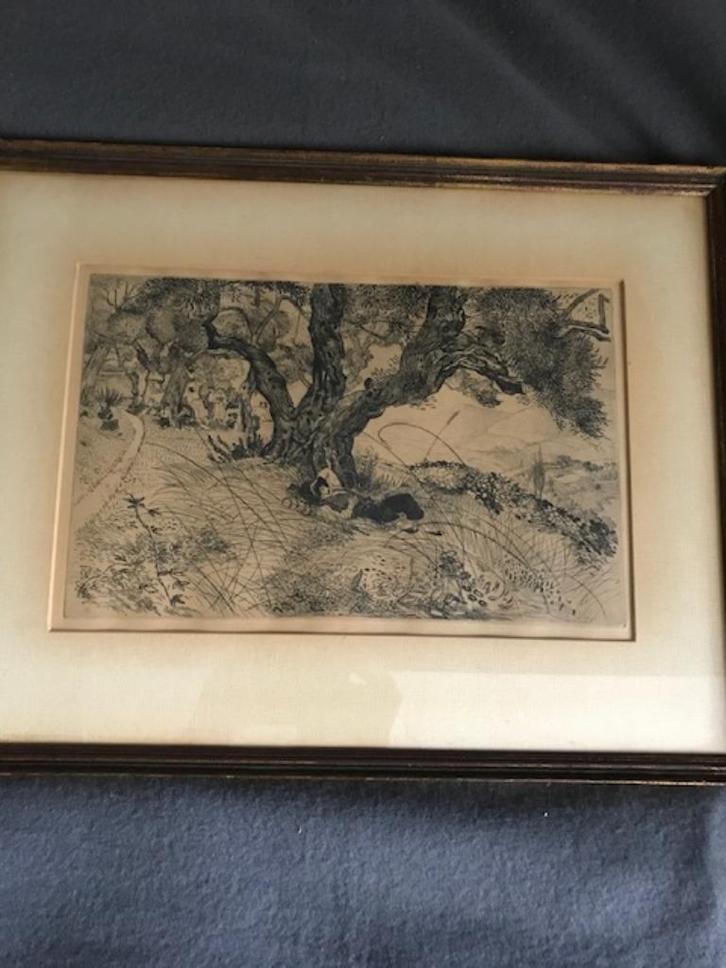 Ets 'Ontspanning in Zuid Frankrijk', Antiek en Kunst, Kunst | Etsen en Gravures, Ophalen of Verzenden