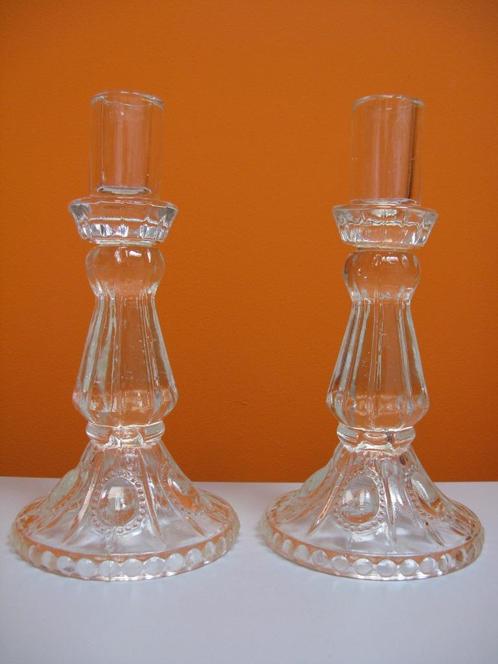 set transparant glazen kandelaren, Huis en Inrichting, Woonaccessoires | Kandelaars en Kaarsen, Zo goed als nieuw, Kandelaar, Minder dan 25 cm