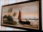 Klassiek antiek op paneel olieverf molens scheepje erfstuk, Antiek en Kunst, Ophalen
