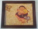 Meisje met 2 poezen ca.1980 - Indiase School - initialen, Antiek en Kunst, Ophalen of Verzenden